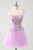 Elegant Lila En linje Halter Blommor Tyll Kort Homecoming Klänning med Snörning Upp Tillbaka