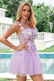 Elegant Lila En linje Halter Blommor Tyll Kort Homecoming Klänning med Snörning Upp Tillbaka