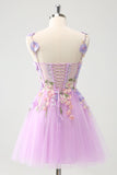Elegant Lila En linje Halter Blommor Tyll Kort Homecoming Klänning med Snörning Upp Tillbaka