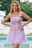 Elegant Lila En linje Halter Blommor Tyll Kort Homecoming Klänning med Snörning Upp Tillbaka