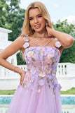 Elegant Lila En linje Halter Blommor Tyll Kort Homecoming Klänning med Snörning Upp Tillbaka