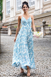 Vit Blå Blomma A Line Spaghetti Straps Maxi Bröllopsfest Gästklänning
