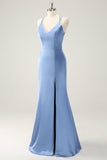 Blå Mermaid Spaghetti Straps Satin Bridesmaid Klänning med slits
