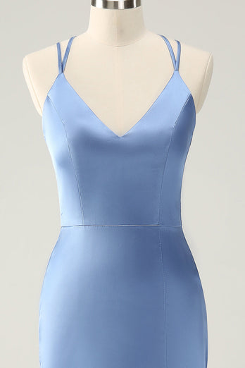 Blå Mermaid Spaghetti Straps Satin Bridesmaid Klänning med slits