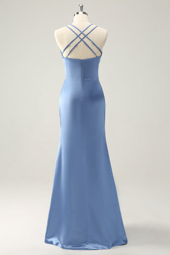 Blå Mermaid Spaghetti Straps Satin Bridesmaid Klänning med slits