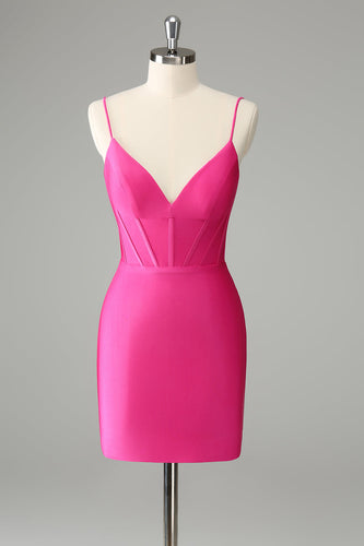 Fuchsia Bodycon Spaghetti Remmar Satin Homecoming Klänning