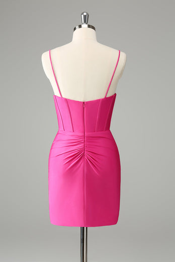 Fuchsia Bodycon Spaghetti Remmar Satin Homecoming Klänning