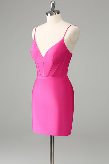 Fuchsia Bodycon Spaghetti Remmar Satin Homecoming Klänning