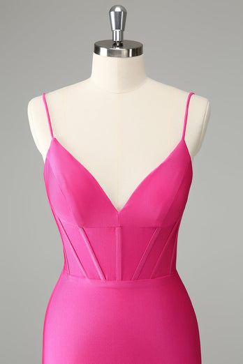 Fuchsia Bodycon Spaghetti Remmar Satin Homecoming Klänning