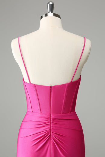 Fuchsia Bodycon Spaghetti Remmar Satin Homecoming Klänning