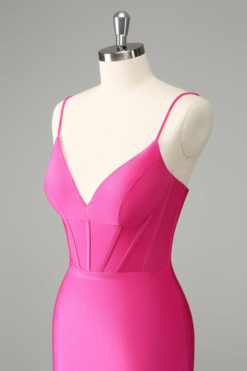 Fuchsia Bodycon Spaghetti Remmar Satin Homecoming Klänning