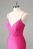 Fuchsia Bodycon Spaghetti Remmar Satin Homecoming Klänning