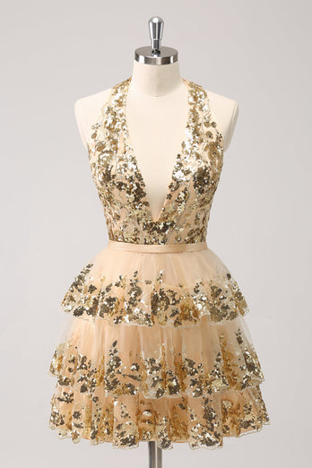 Glittrande Guld A Line Halter Tiered Backless Kort Homecoming Klänning med Paljetter