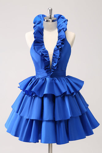 Royal Blue A-Line Halter Tiered Kort Homecoming Klänning med volanger