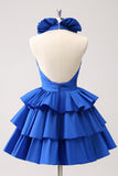 Royal Blue A-Line Halter Tiered Kort Homecoming Klänning med volanger