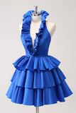 Royal Blue A-Line Halter Tiered Kort Homecoming Klänning med volanger