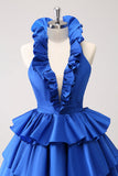 Royal Blue A-Line Halter Tiered Kort Homecoming Klänning med volanger