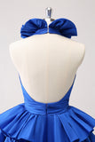 Royal Blue A-Line Halter Tiered Kort Homecoming Klänning med volanger