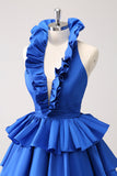 Royal Blue A-Line Halter Tiered Kort Homecoming Klänning med volanger