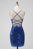 Royal Blue Bodycon Paljetter Kort Homecoming Klänning med Snörning Tillbaka
