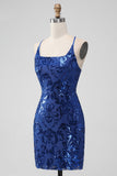 Royal Blue Bodycon Paljetter Kort Homecoming Klänning med Snörning Tillbaka