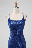 Royal Blue Bodycon Paljetter Kort Homecoming Klänning med Snörning Tillbaka
