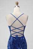 Royal Blue Bodycon Paljetter Kort Homecoming Klänning med Snörning Tillbaka