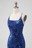 Royal Blue Bodycon Paljetter Kort Homecoming Klänning med Snörning Tillbaka