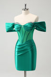 Grön Off The Shoulder Satin Tight Homecoming Klänning med Beading