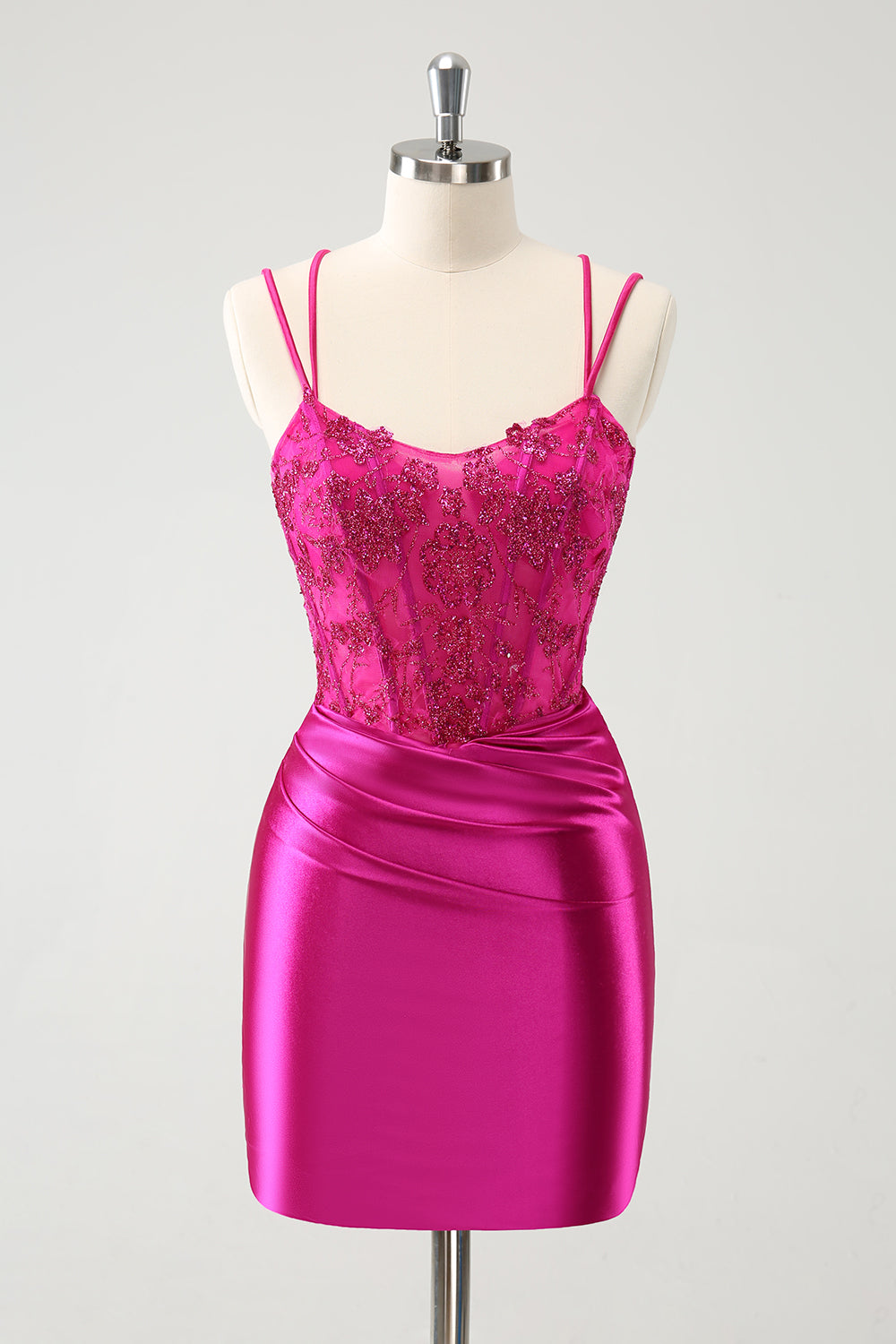 Fuchsia Bodycon Spaghetti Remmar Pärlstav Satin Kort Homecoming Klänning