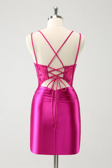 Fuchsia Bodycon Spaghetti Remmar Pärlstav Satin Kort Homecoming Klänning