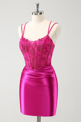 Fuchsia Bodycon Spaghetti Remmar Pärlstav Satin Kort Homecoming Klänning