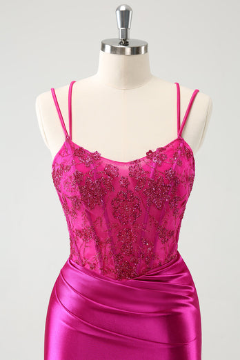 Fuchsia Bodycon Spaghetti Remmar Pärlstav Satin Kort Homecoming Klänning