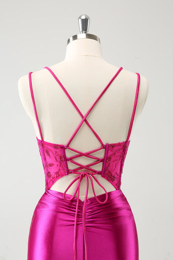 Fuchsia Bodycon Spaghetti Remmar Pärlstav Satin Kort Homecoming Klänning