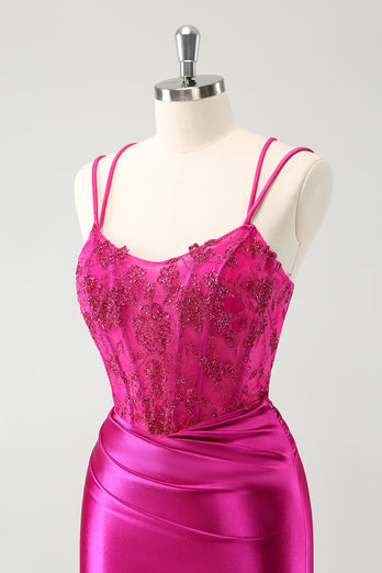 Fuchsia Bodycon Spaghetti Remmar Pärlstav Satin Kort Homecoming Klänning