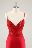 Glittrande Röd Bodycon Spaghetti Straps Homecoming Klänning med Paljetter