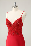 Glittrande Röd Bodycon Spaghetti Straps Homecoming Klänning med Paljetter
