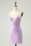 Glittrande lila paljetter Bodycon Mini Homecoming Klänning med slits