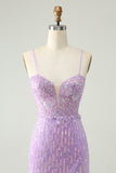 Glittrande lila paljetter Bodycon Mini Homecoming Klänning med slits