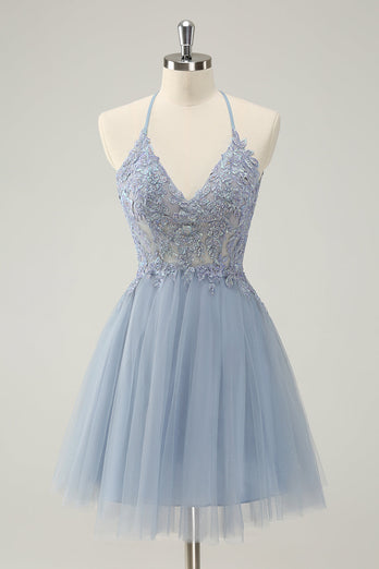 Glittrande Dusty Blue A Line Halter Homecoming Klänning med applikationer