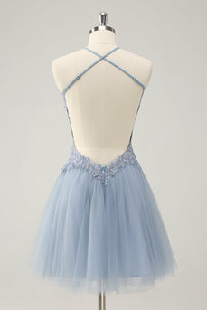 Glittrande Dusty Blue A Line Halter Homecoming Klänning med applikationer