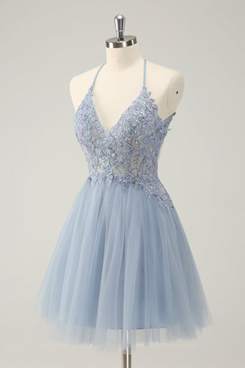 Glittrande Dusty Blue A Line Halter Homecoming Klänning med applikationer