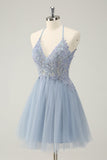 Glittrande Dusty Blue A Line Halter Homecoming Klänning med applikationer