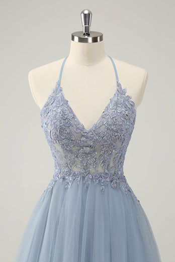 Glittrande Dusty Blue A Line Halter Homecoming Klänning med applikationer