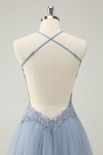 Glittrande Dusty Blue A Line Halter Homecoming Klänning med applikationer