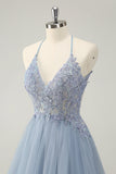 Glittrande Dusty Blue A Line Halter Homecoming Klänning med applikationer