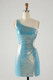Blå Bodycon One Shoulder Satin Kort Homecoming Klänning med Slits