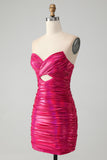 Chic Fuchsia Axelbandslös Nyckelhål Plisserad Tight Homecoming Klänning