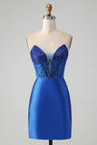 Glittrande Royal Blue Bodycon Axelbandslös Kort Homecoming Klänning med Beading