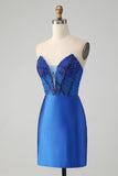 Glittrande Royal Blue Bodycon Axelbandslös Kort Homecoming Klänning med Beading